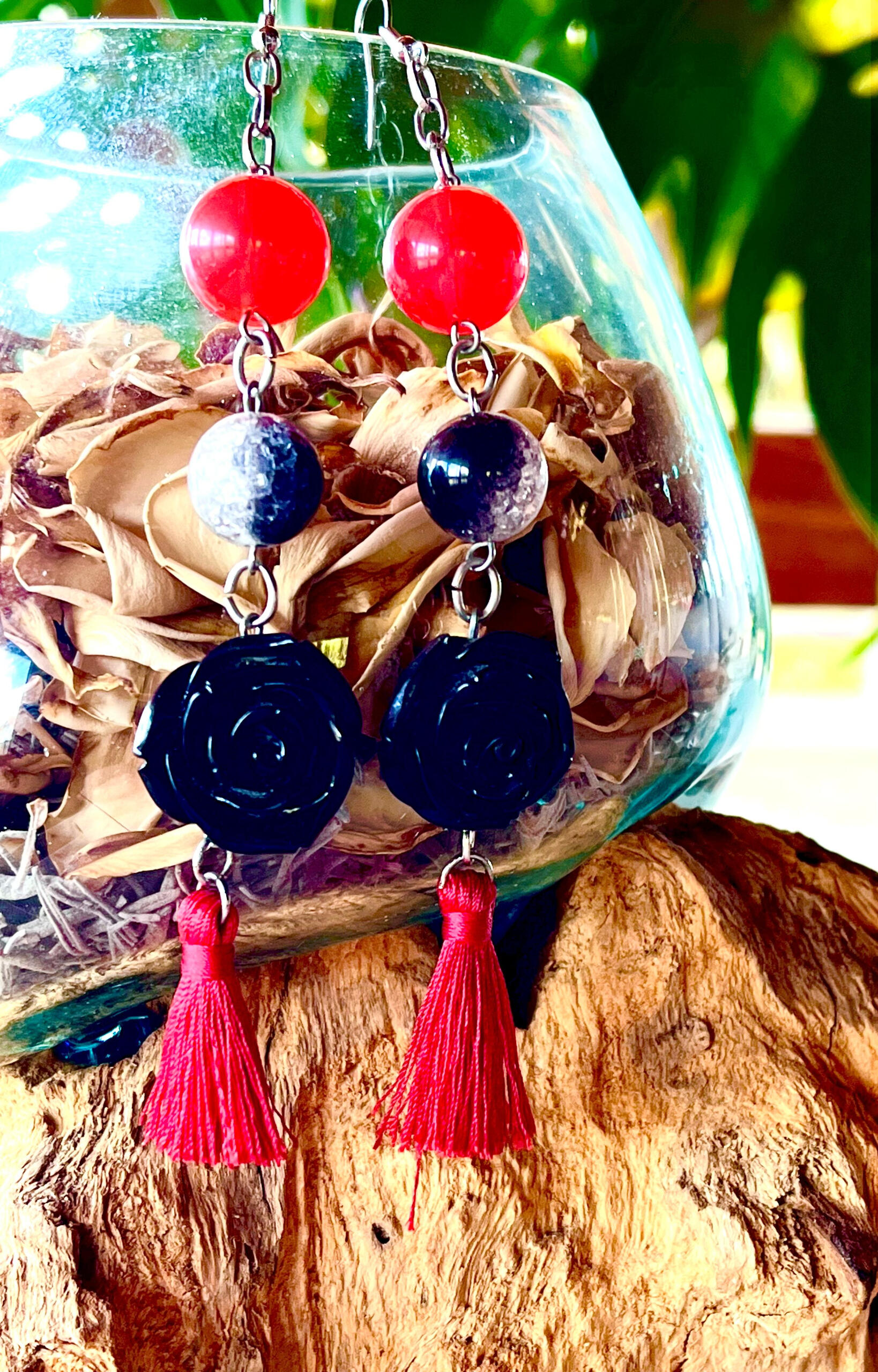 read and black hanging earrings